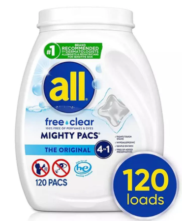 BULK-ALL FREE-CLEAR-MIGHTY PACKS-LAUNDRY DETERGENT-THE ORGINAL-120 CT